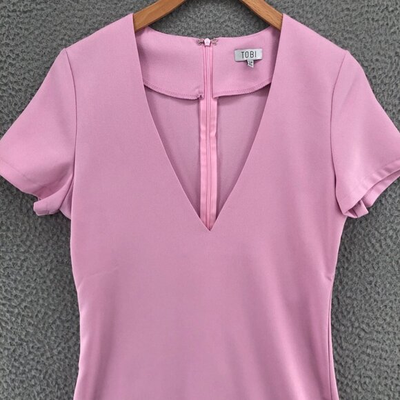 Tobi Dress Womens Small Pink Plunging V Stretch Mini Shift Short Sleeve Formal - Picture 2 of 10